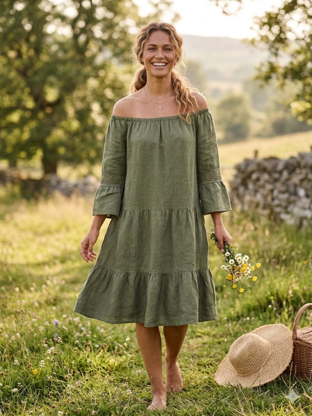Terzo Millennio Olive Green 100%Linen Tiered Boho Dress Crochet Lace Trim- S EUC